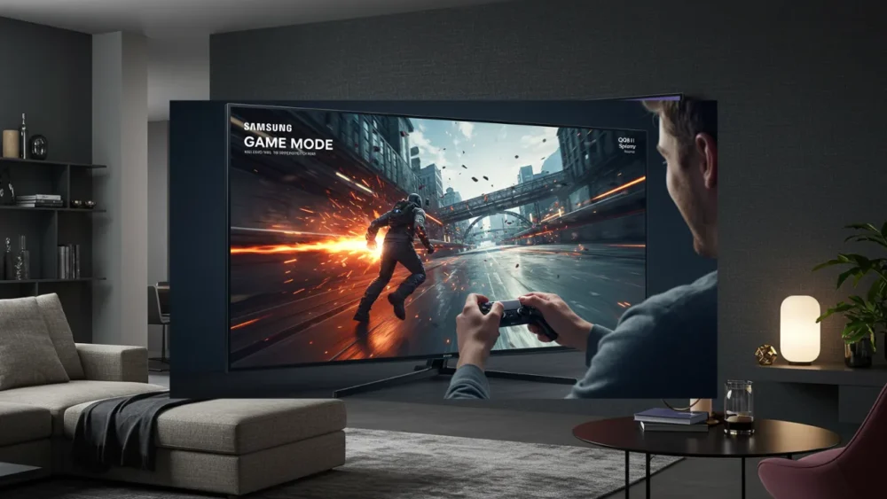 Samsung Smart TV 50″ QLED 4K 50Q60D: A Revolução da Imagem com Tecnologia de Pontos Quânticos 3 Samsung Smart TV 50Q60D com Modo Game ativado, exibindo um jogo em alta definição com baixa latência e imagens suaves.