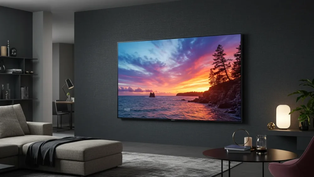 Samsung Smart TV 50Q60D QLED 4K, tela ultrafina com design AirSlim, exibindo cores vibrantes e alto contraste.