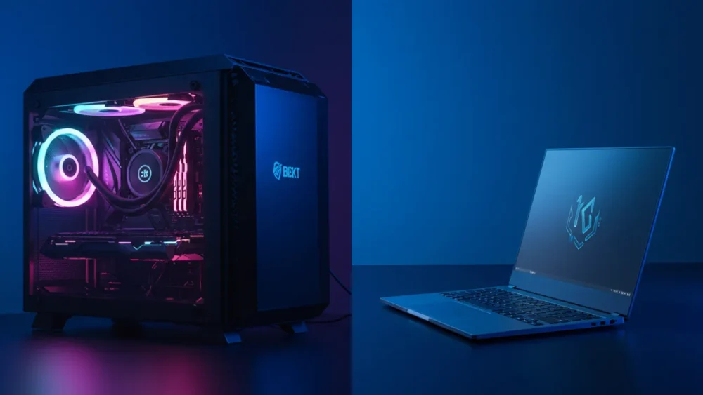 PC gamer desktop com iluminação RGB ao lado de notebook gamer potente modelo 2025, comparativo visual das duas opções para jogadores