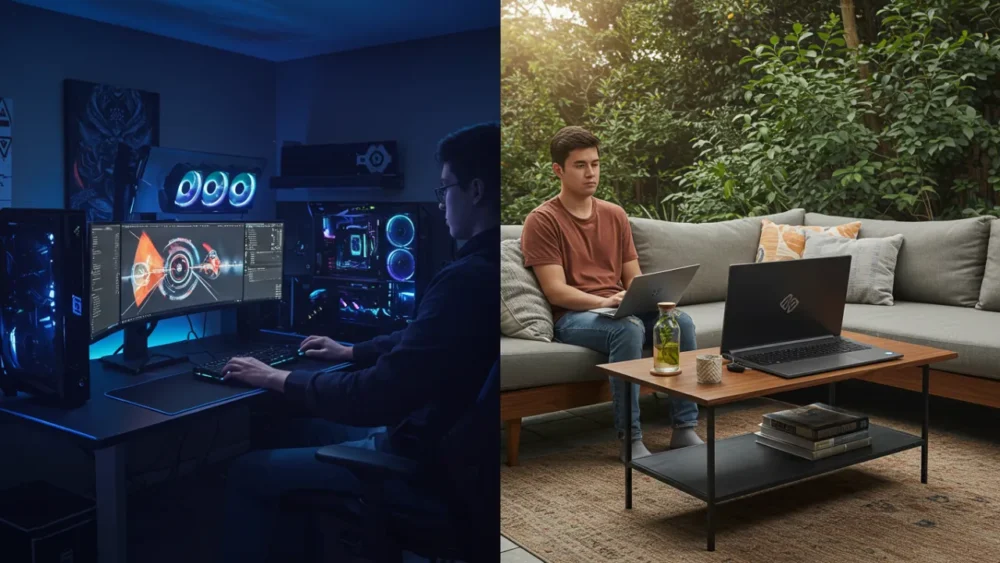 PC Gamer ou Notebook? Qual a Melhor Escolha em 2025? 4 Comparação entre setup fixo de PC gamer em quarto e pessoa usando notebook gamer em diferentes ambientes, demonstrando diferença de mobilidade
