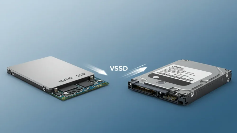 Comparação entre SSD NVMe e HD tradicional mostrando diferenças de tamanho e tecnologia em 2025