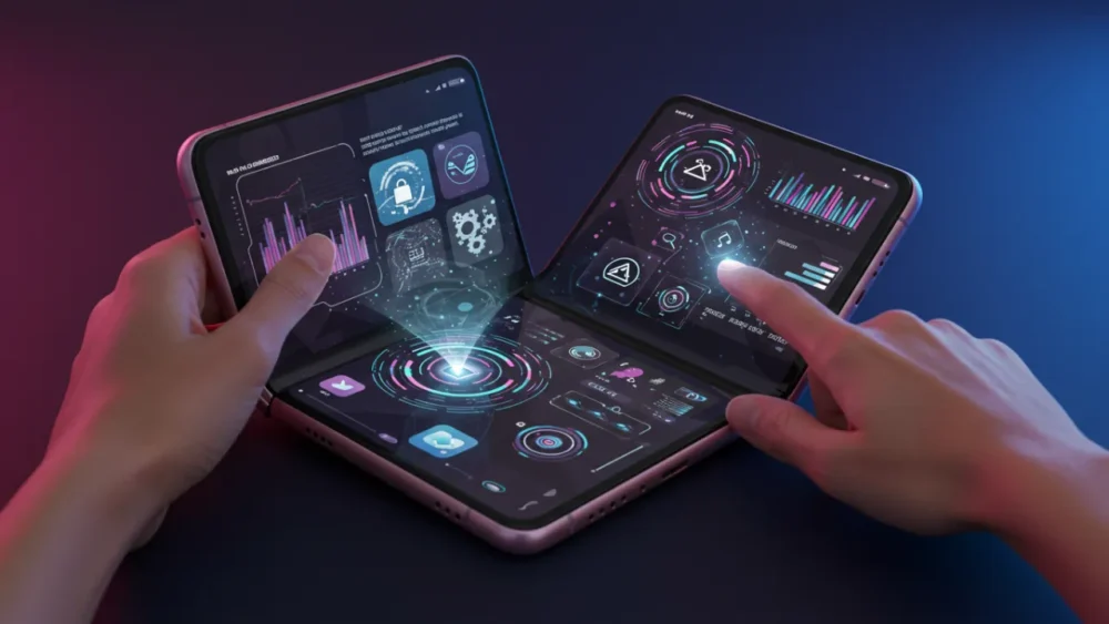 Conceito futurista de celulares em 2025 mostrando telas dobráveis e tecnologia avançada