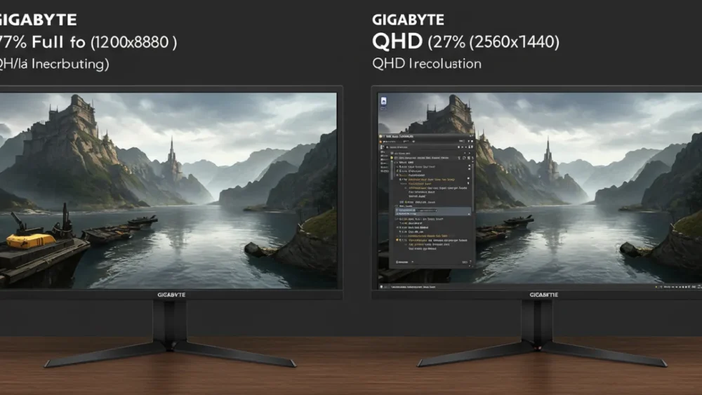 Monitor Gigabyte QHD: Vale Mesmo a Pena? Descobri Testando 3 Comparação visual entre monitores Full HD e QHD Gigabyte mostrando diferença de nitidez e detalhes