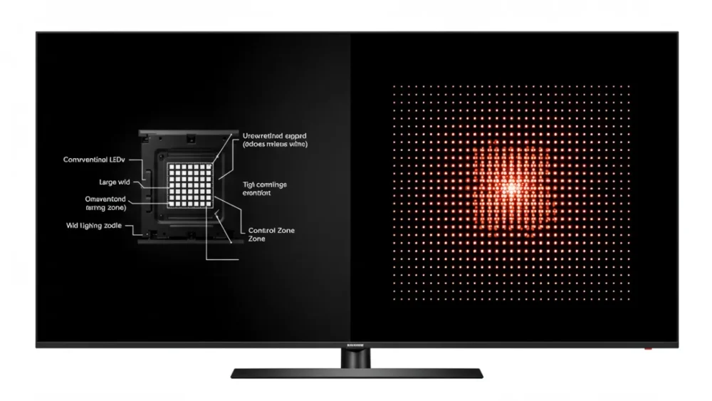 TVs Mini-LED: Uma Luz no Fim do Túnel da Qualidade de Imagem 3 Comparação visual entre backlight de TV LED tradicional e tecnologia Mini-LED com milhares de pontos de luz