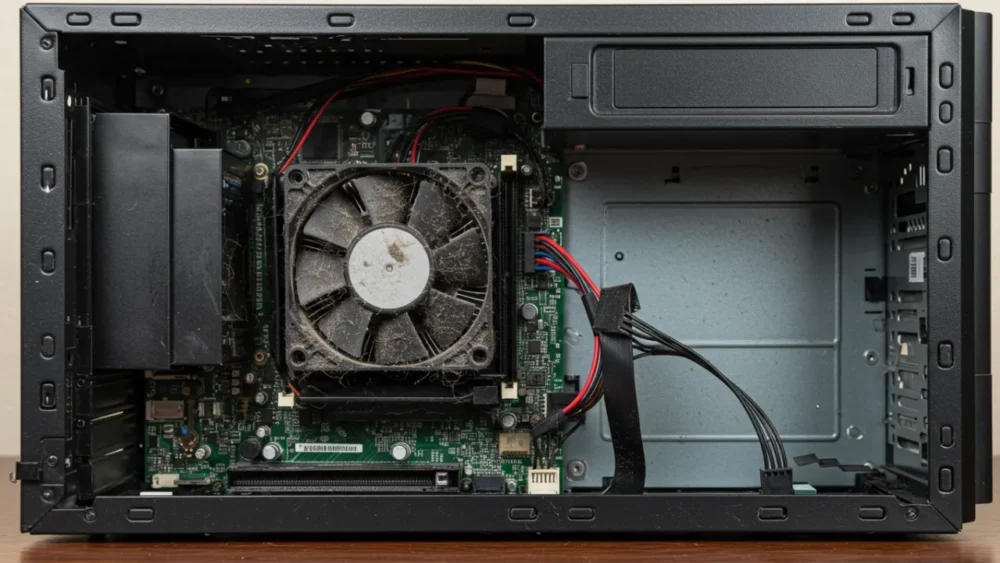 Computador lento com poeira acumulada, ilustrando problemas comuns de hardware e software.
