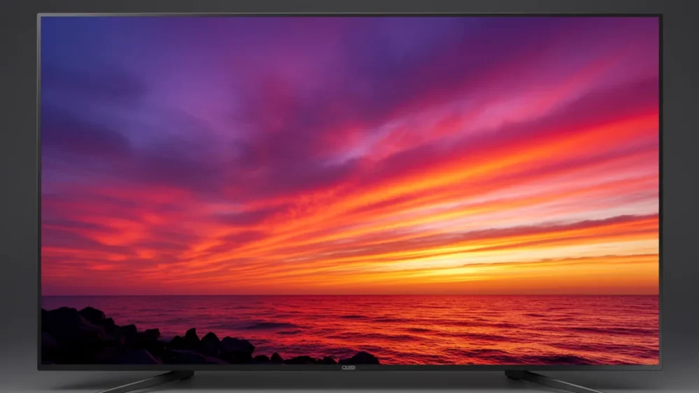 TV UHD ou QLED: Qual é a Melhor Pra Sua Casa em 2025? 4 TV QLED exibindo um pôr do sol com cores vibrantes