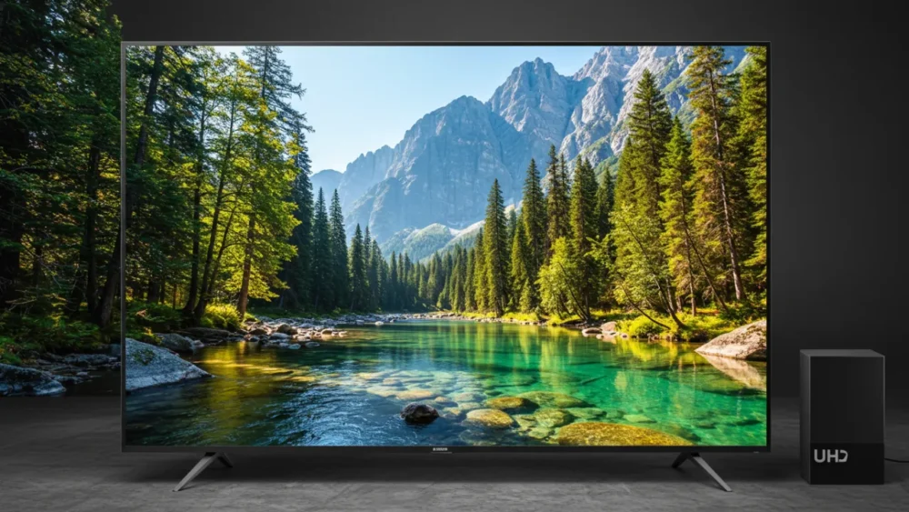 TV UHD ou QLED: Qual é a Melhor Pra Sua Casa em 2025? 3 TV UHD exibindo uma paisagem natural detalhada