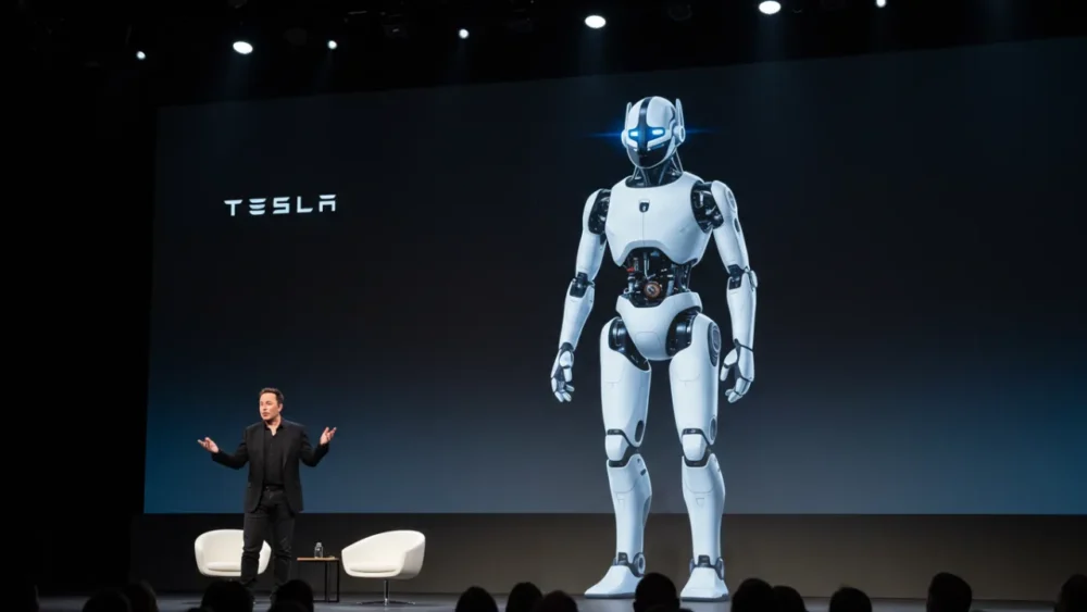 IA e Robótica na Tesla: Além dos Carros, o Sonho do Optimus Segue Firme? 3 Elon Musk apresentando protótipo Tesla Optimus no Tesla AI Day