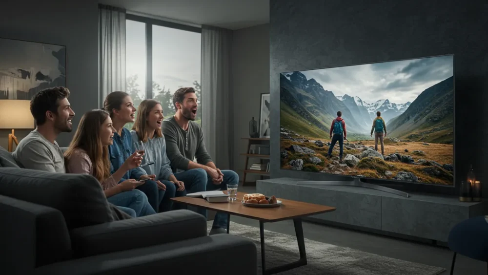 TV UHD ou QLED: Qual é a Melhor Pra Sua Casa em 2025? 5 Família assistindo TV UHD ou QLED em uma sala aconchegante