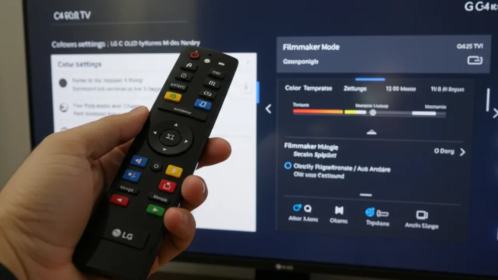 LG C4 OLED é Boa? A Resposta que Você Precisa Antes de Comprar 5 Controle remoto Magic Remote da LG C4 OLED sendo usado para ajustar configurações de imagem