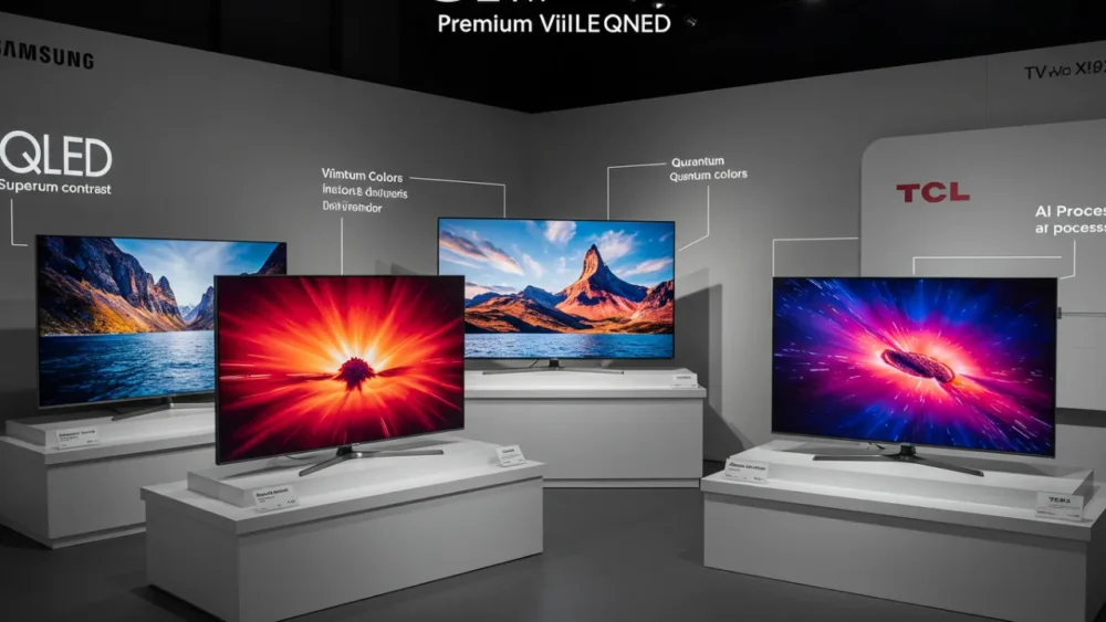 TVs Mini-LED: Uma Luz no Fim do Túnel da Qualidade de Imagem 4 Diferentes modelos premium de TVs Mini-LED em exposição com destaques para suas características