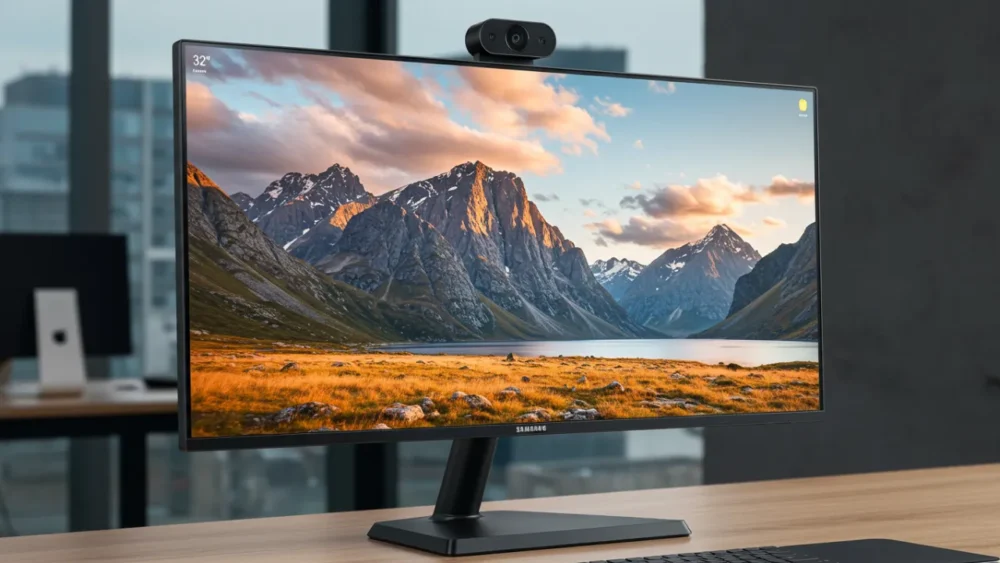 Monitores Inteligentes: A Inovação Tecnológica que Transforma o Home Office 3 Monitores Inteligentes Samsung Smart M8 4K em setup de trabalho moderno