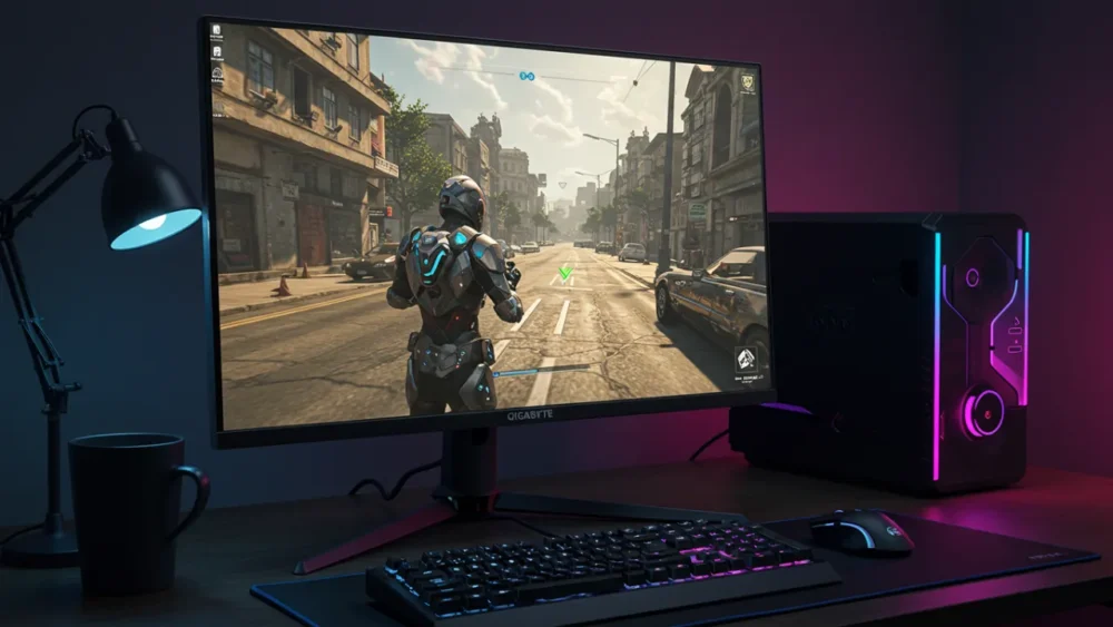 Monitor Gigabyte QHD M27Q em setup gamer com iluminação ambiente e tela exibindo jogo em alta definição