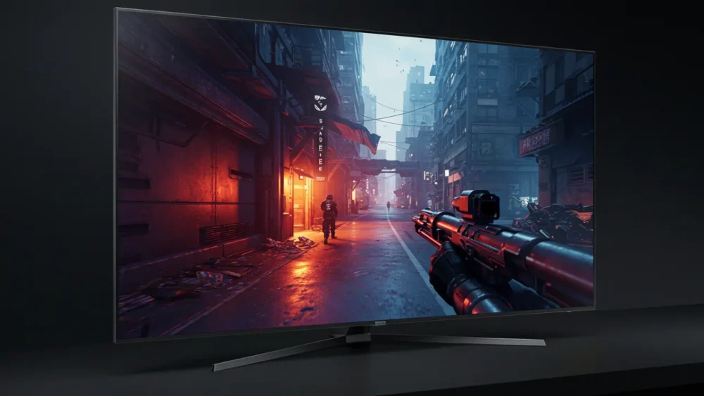 Samsung S90D OLED: A TV que mudou minha sala (e pode mudar a sua também!) 4 Samsung S90D OLED TV exibindo jogo em alta definição com cores intensas