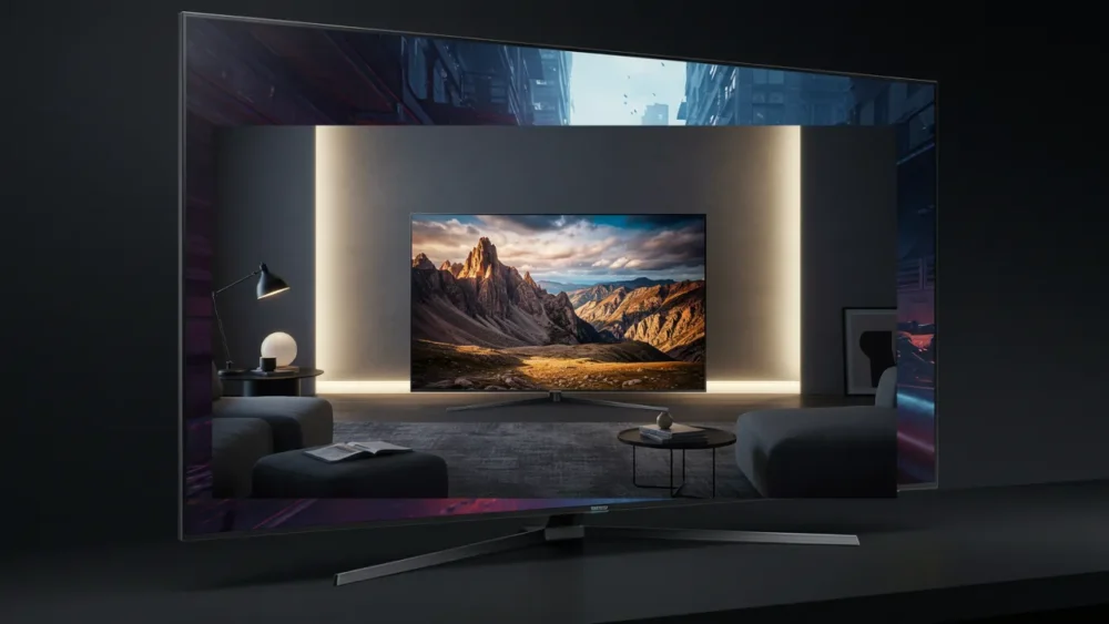 Samsung S90D OLED: A TV que mudou minha sala (e pode mudar a sua também!) 5 Samsung S90D OLED em modo Arte exibindo obra de arte na sala de estar