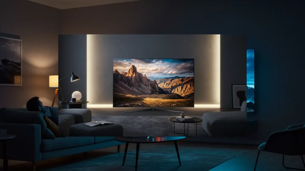 TV Mini-LED exibindo imagem colorida em sala de estar moderna com contraste impressionante