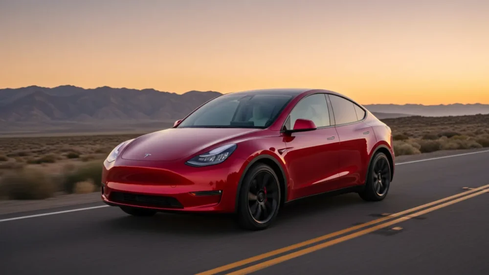 Carro elétrico Tesla Model Y vermelho em estrada com bateria nova em destaque