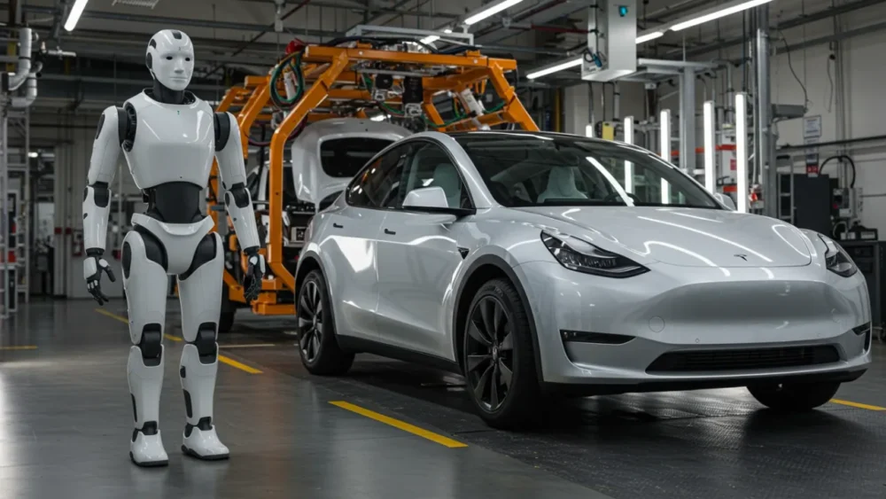 Robô humanoide Tesla Optimus em ambiente de fábrica com veículos elétricos