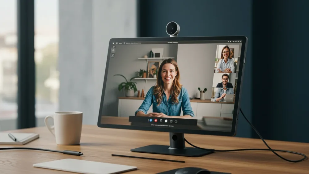Vantagens dos Monitores Inteligentes Monitores inteligentes com câmera integrada e mesa sem cabos ideal para Home Office