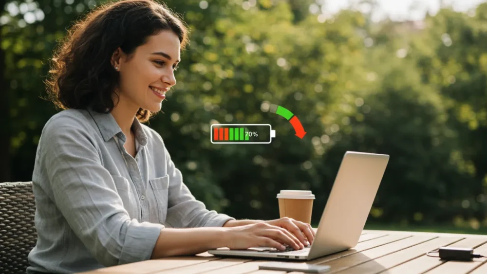 7 Inovações Tecnológicas em Laptops 4 Pessoa trabalhando com laptop em ambiente externo sem preocupação com bateria ou tomadas, Inovação tecnológica em Laptops