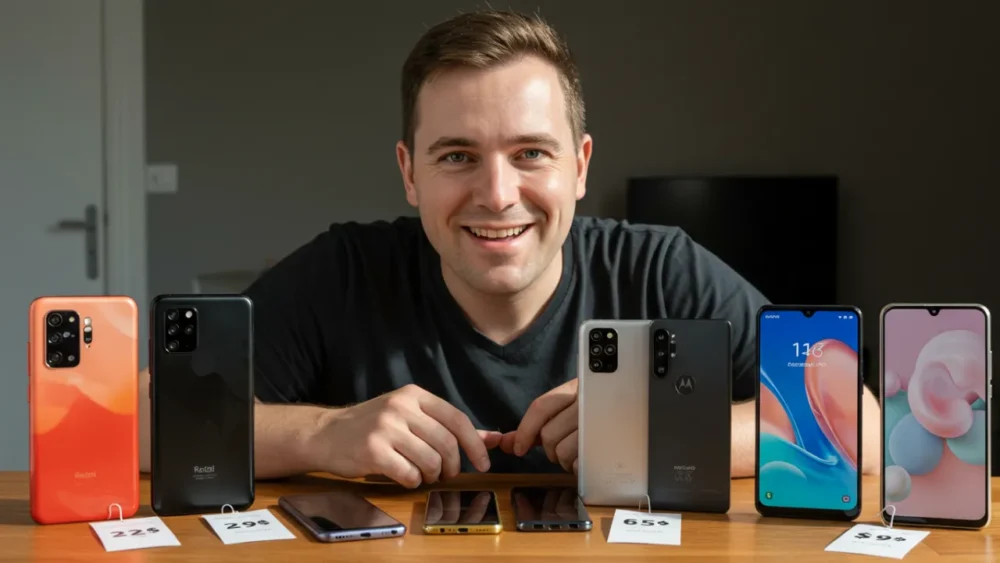 Pessoa sorrindo segurando diferentes modelos de celulares bons e baratos em uma mesa com etiquetas de preço acessíveis