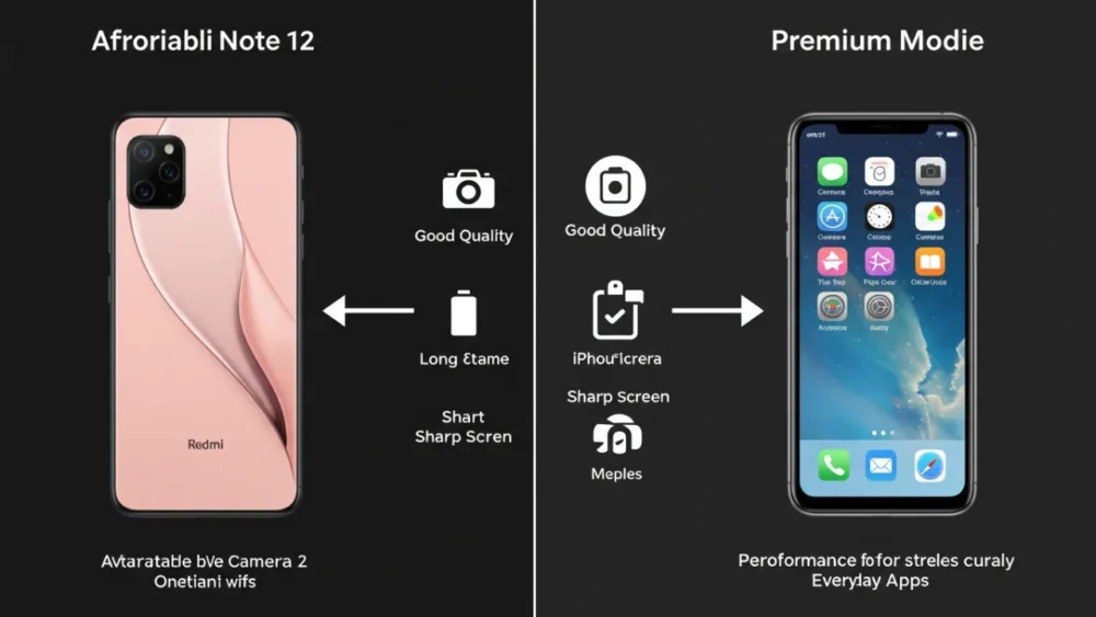 Celulares Bons e Baratos: 7 Opções que Cabem no Seu Bolso 3 Comparação visual entre recursos de celulares econômicos e premium mostrando similaridades de desempenho