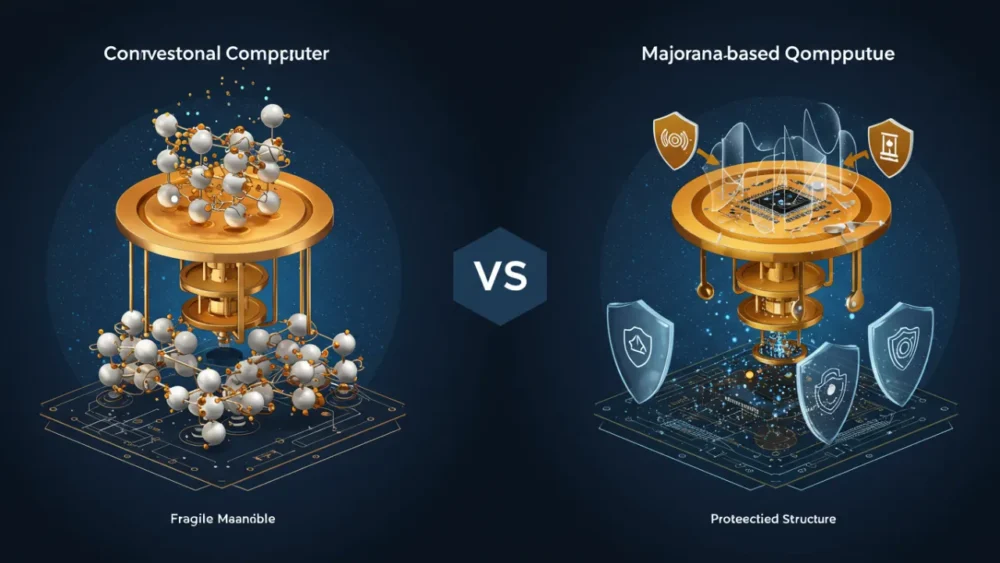 comparacao-computadores-quanticos-majorana-estabilidade-qubits Comparação visual entre computadores quânticos convencionais e computadores quânticos baseados em partículas Majorana