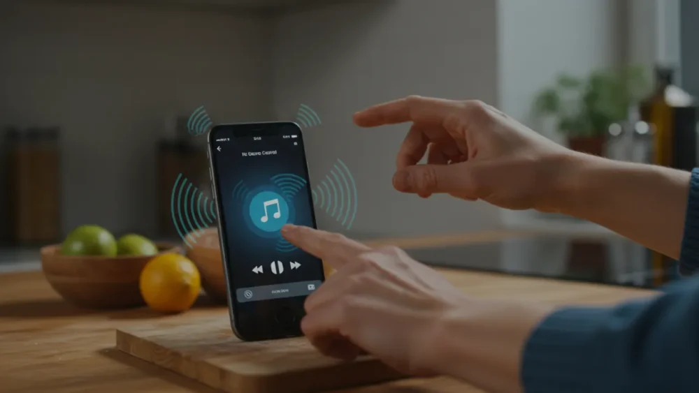 A Inovação Tecnológica nos Smartphones em 2025 3 Pessoa controlando smartphone 2025 com gestos no ar sem tocar na tela demonstrando inovação tecnológica em interfaces