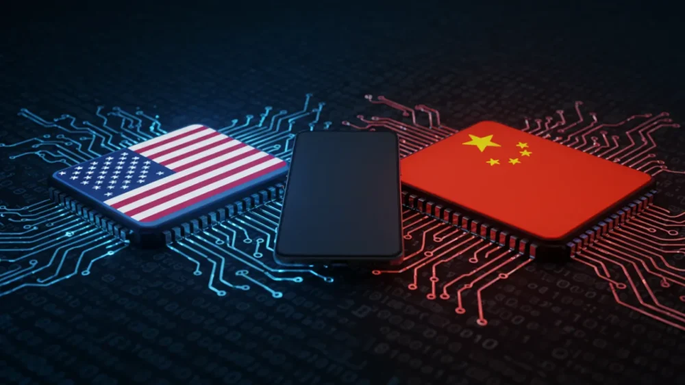 Disputa tecnológica EUA x China representada por bandeiras digitais em chips de computador