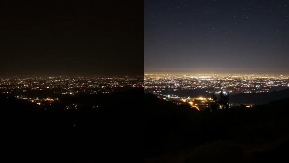 A Inovação Tecnológica nos Smartphones em 2025 4 Comparação entre foto noturna tirada com smartphone de 2020 e 2025 mostrando evolução da inovação tecnológica em câmeras móveis