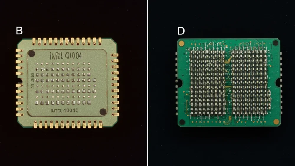 Processadores em 2025: O Coração dos Nossos Aparelhos 3 Comparação visual entre um processador dos anos 70 e um chip moderno mostrando a evolução tecnológica