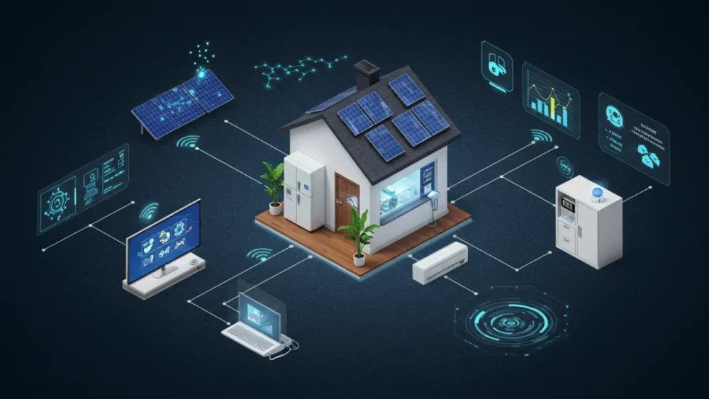 O Impacto da Tecnologia no Consumo de Energia dos Eletrônicos em 2025 4 Casa inteligente com diversos eletrônicos conectados mostrando tecnologias futuras de eficiência energética