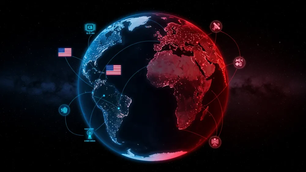 EUA x China: A Briga de Gigantes que Mexe com Nosso Celular 5 Geopolítica tecnológica entre EUA e China afetando globo terrestre digital