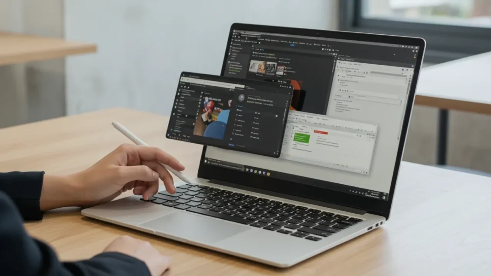 7 Inovações Tecnológicas em Laptops, Laptop moderno exibindo múltiplas janelas de trabalho com pessoa utilizando recursos de produtividade
