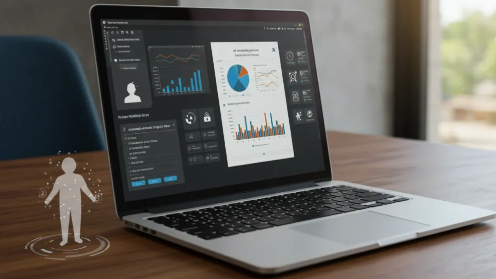 O Equilíbrio entre Tecnologia e Inovação para Notebooks 4 Interface de IA em notebook de 2025 mostrando assistência inteligente durante análise de dados