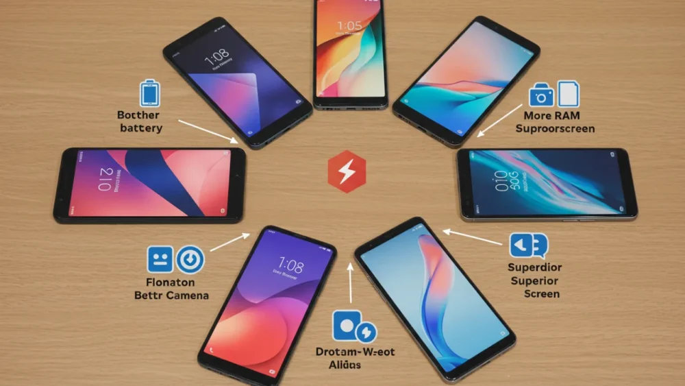 Celulares Bons e Baratos: 7 Opções que Cabem no Seu Bolso 4 Os sete modelos de celulares bons e baratos recomendados dispostos em círculo com suas especificações principais