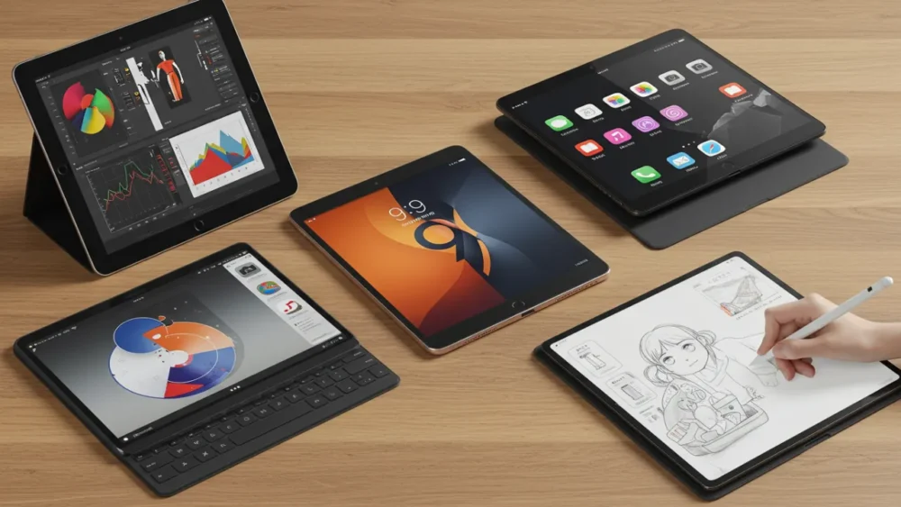 Comparativo dos 5 melhores tablets de 2025 dispostos lado a lado mostrando diferentes tamanhos e designs