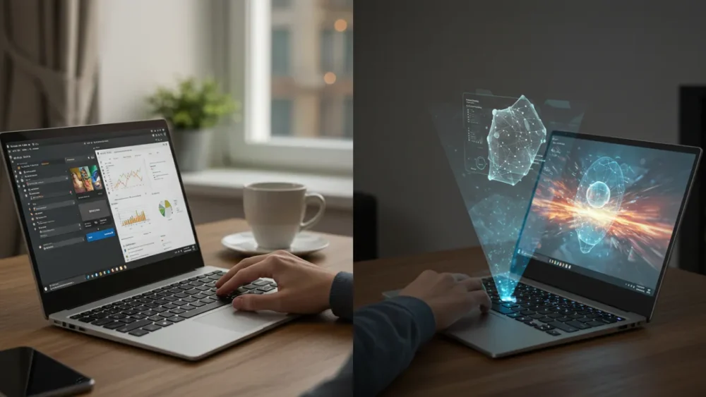 O Equilíbrio entre Tecnologia e Inovação para Notebooks 5 Notebook versátil de 2025 transformando-se de dispositivo de trabalho para entretenimento com projeção holográfica