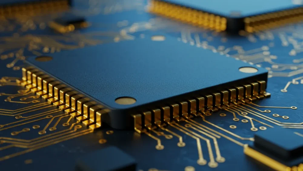 Processador moderno em close com circuitos iluminados representando a inovação tecnológica em chips atuais