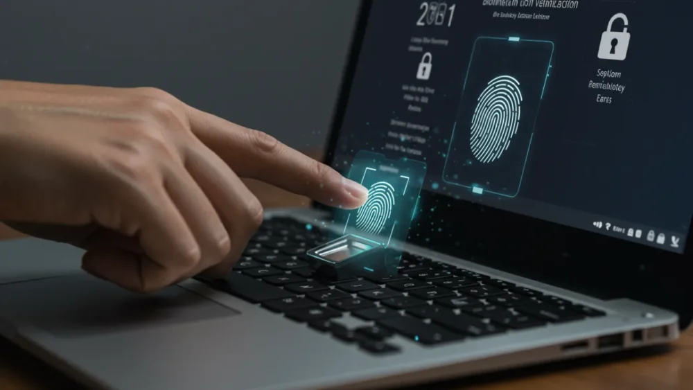 seguranca-biometrica-laptops-impressao-digital Demonstração de autenticação biométrica com leitor de impressão digital em laptop moderno, Inovações Tecnológicas em Laptops