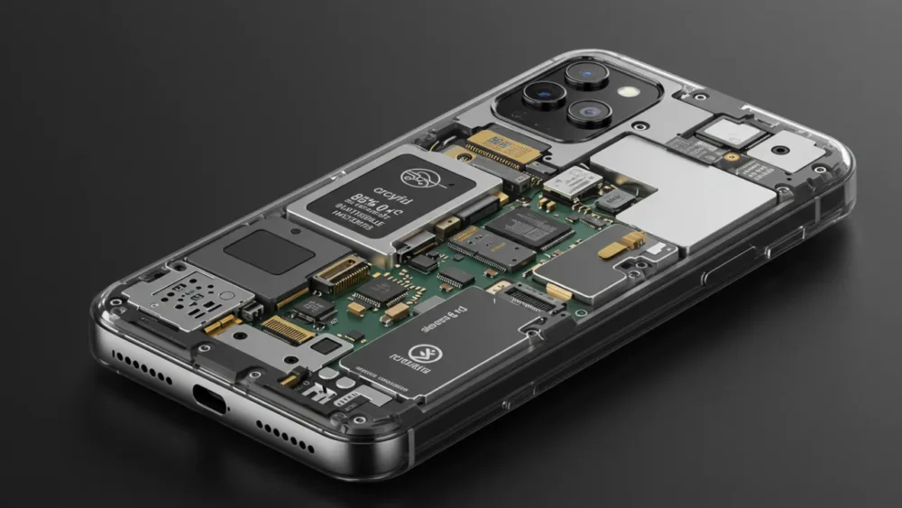 A Inovação Tecnológica nos Smartphones em 2025 5 Smartphone 2025 com componentes sustentáveis fabricados a partir de materiais reciclados demonstrando inovação tecnológica verde