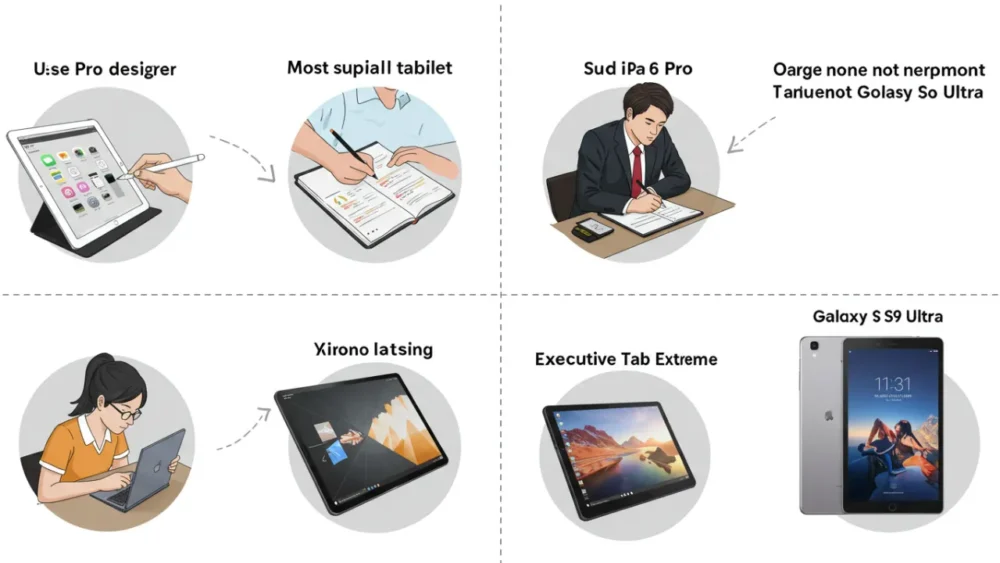 5 Melhores Tablets em 2025: Qual Combina Mais com Você? 4 Diferentes perfis de usuários interagindo com tablets específicos para suas necessidades