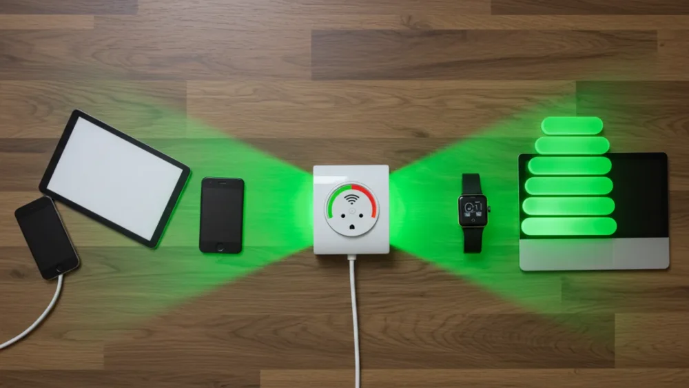 Dispositivos eletrônicos modernos com tecnologia de baixo consumo energético conectados a uma tomada inteligente