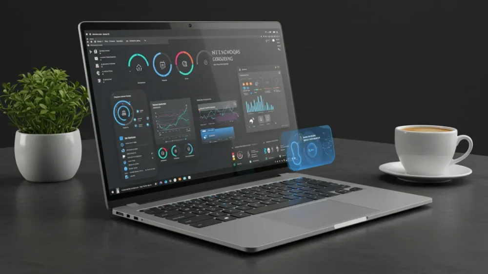 Tecnologia e Inovação em Notebook futurista de 2025 com tela adaptativa e tecnologia de IA integrada sobre mesa de trabalho moderna