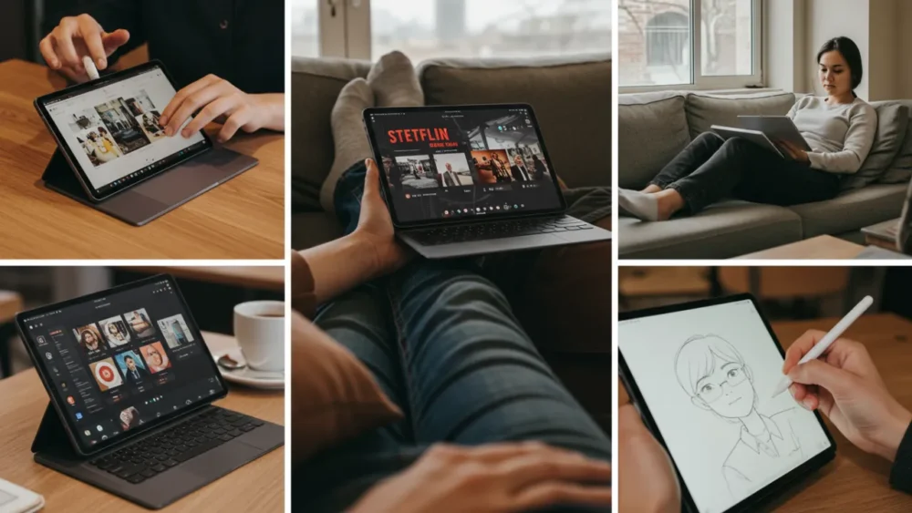 5 Melhores Tablets em 2025: Qual Combina Mais com Você? 3 Pessoa usando tablet em diferentes situações cotidianas: trabalho, entretenimento e criação