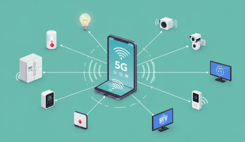 Tecnologia 5G conectando múltiplos dispositivos IoT em casa inteligente com smartphone no centro controlando aparelhos