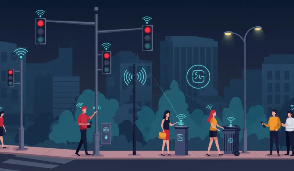 5G e a Internet das Coisas: Como nossa vida está se transformando com a conectividade 3 Cidade inteligente conectada por 5G com semáforos inteligentes, lixeiras conectadas e iluminação pública automatizada