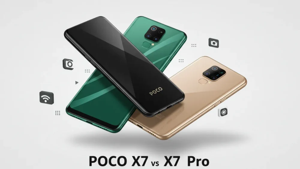 Comparação entre Poco X7 e Poco X7 Pro lado a lado com design moderno
