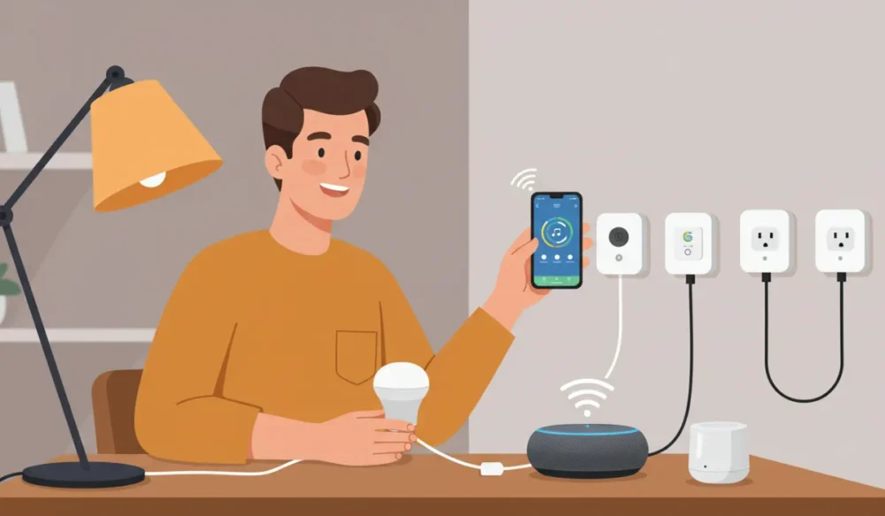 5G e a Internet das Coisas: Como nossa vida está se transformando com a conectividade 4 Pessoa comum instalando dispositivos IoT simples em casa com lâmpada inteligente, tomada conectada e alto-falante inteligente
